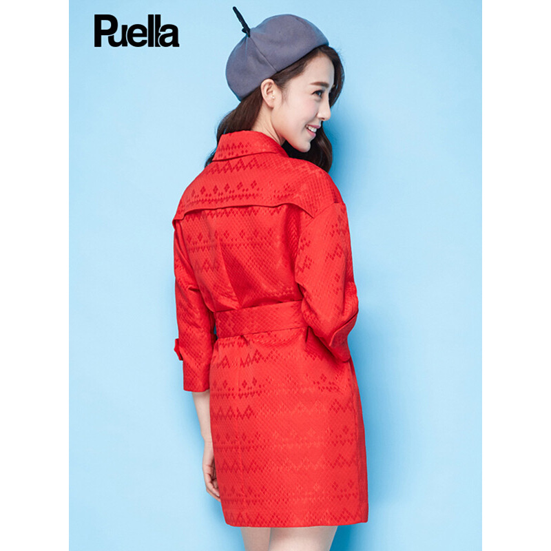 拉夏贝尔Puella普埃拉2018 春装新款纯色西装领中长款外套风衣女20007701