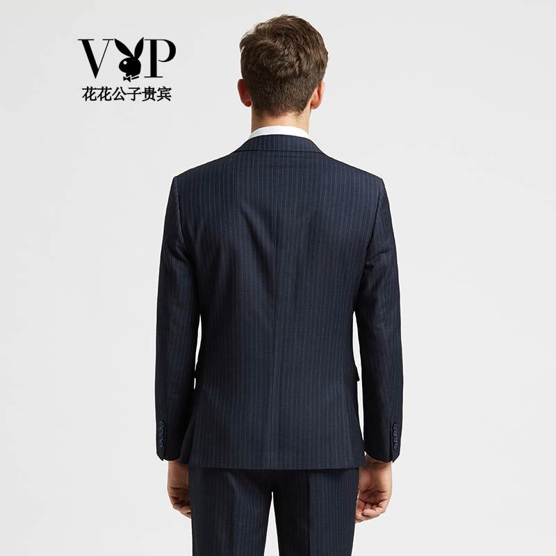 花花公子贵宾2016西服套装男经典条纹商务休闲职业西装套装韩版修身新郎礼服 深蓝条纹wt22652770