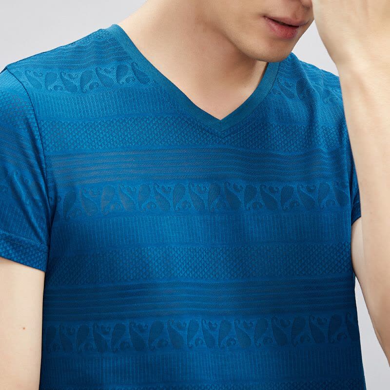 才子男装（TRIES）短袖T恤男士V领民族风修身简约舒适透气短袖T恤衫海水蓝图片