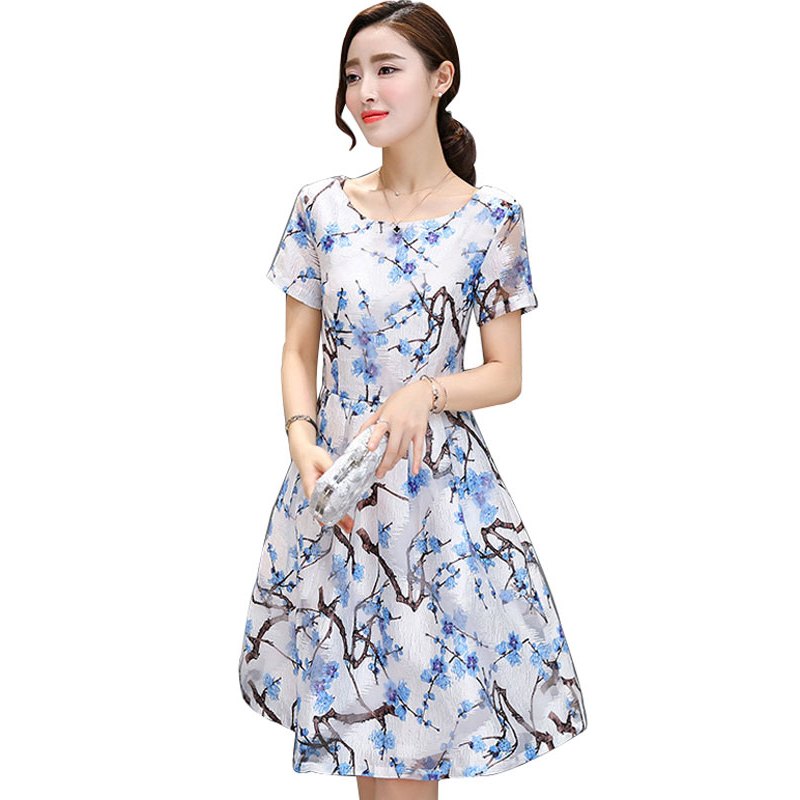丝柏舍2018夏季新款女装短袖圆领印花及膝裙轻熟风收腰连衣裙S72R0234