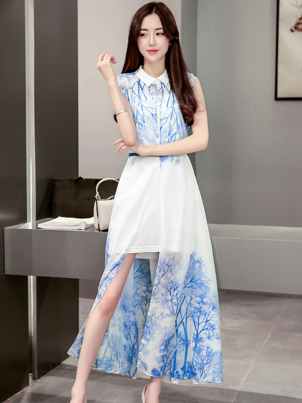 丝柏舍2018年夏季新款女装时尚翻领无袖收腰印花外衫搭纯色吊带裙套装S72R0312