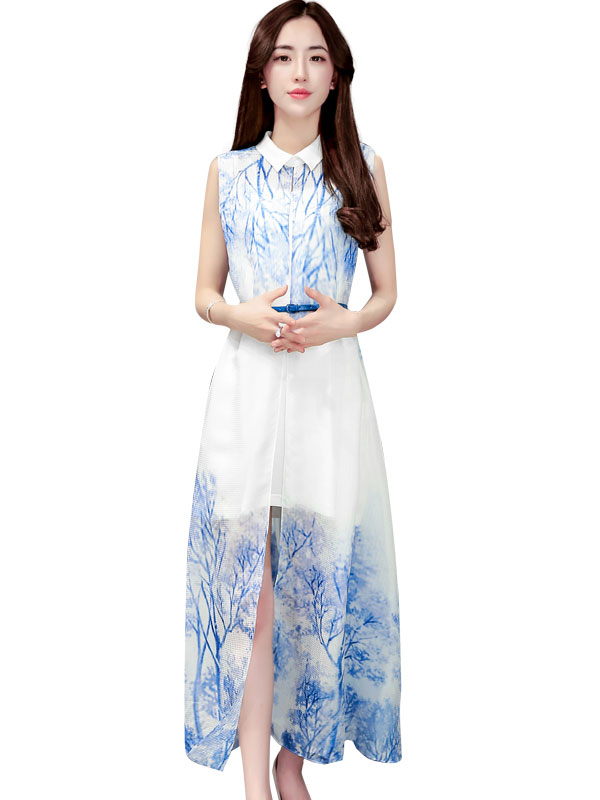 丝柏舍2018年夏季新款女装时尚翻领无袖收腰印花外衫搭纯色吊带裙套装S72R0312