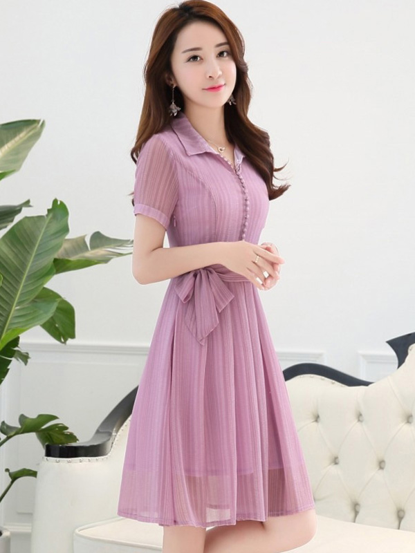 丝柏舍2018夏装新款女装简约大方收腰翻领短袖纯色连衣裙S72R0843