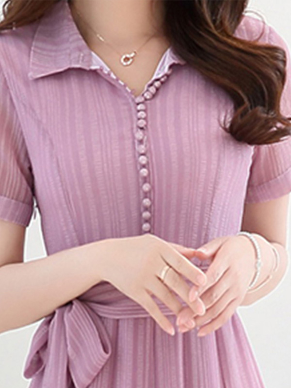 丝柏舍2018夏装新款女装简约大方收腰翻领短袖纯色连衣裙S72R0843