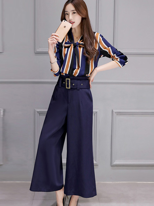 丝柏舍2017秋季新款女装条纹上衣搭阔腿裤套装(配腰带)S71R0095