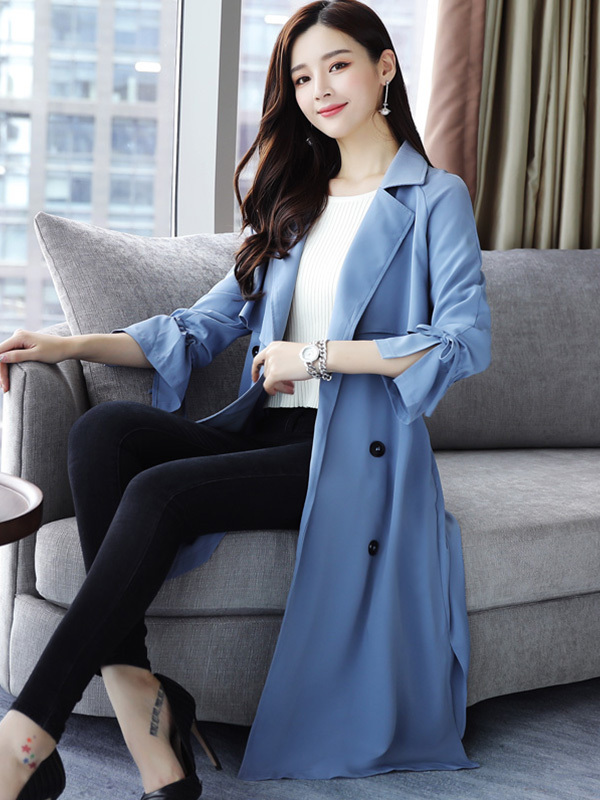 丝柏舍2018秋季新款纯色长袖外套中长款修身气质风衣 女S73R0070F