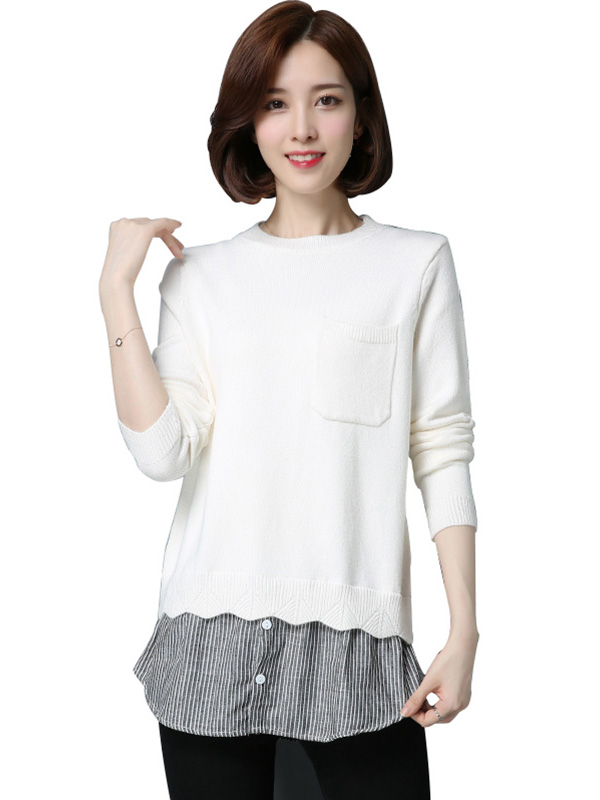 丝柏舍 2017秋装新款女装圆领长袖条纹拼接下摆套头毛衣S74S0026M