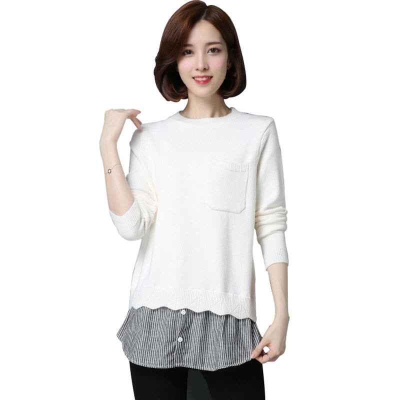 丝柏舍 2017秋装新款女装圆领长袖条纹拼接下摆套头毛衣S74S0026M图片