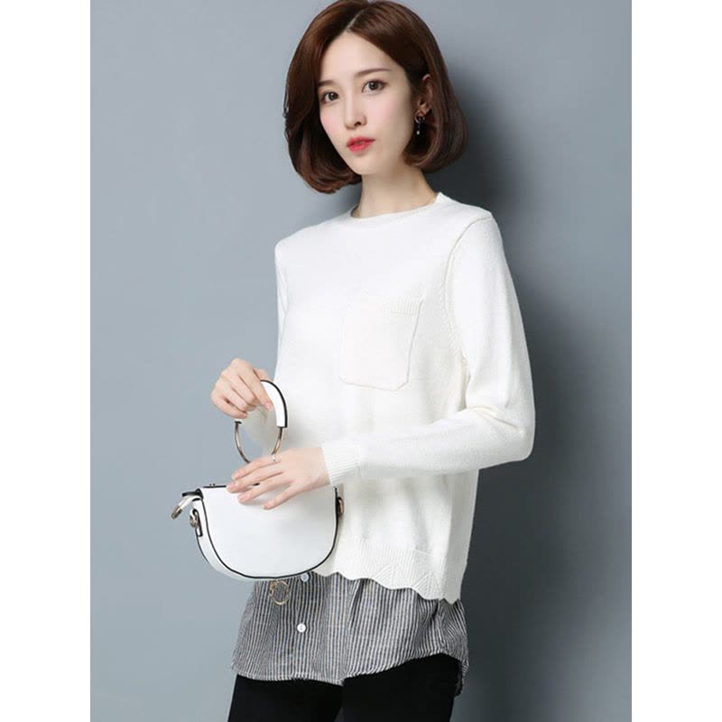 丝柏舍 2017秋装新款女装圆领长袖条纹拼接下摆套头毛衣S74S0026M图片