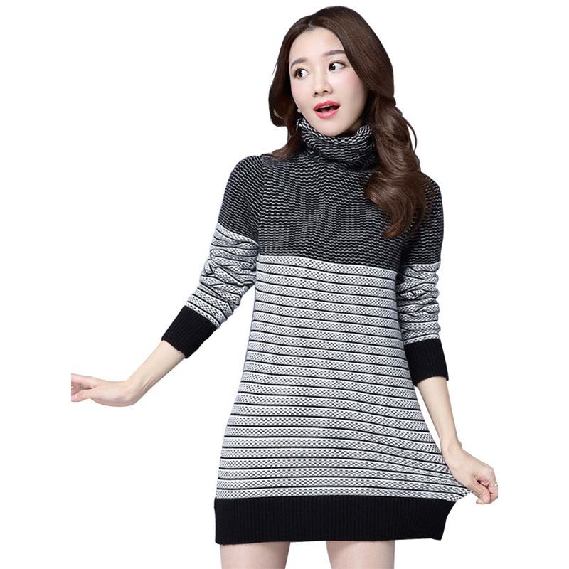 丝柏舍2017年秋新款套头中长款高领针织衫条纹显瘦毛衣S74Z0043M图片