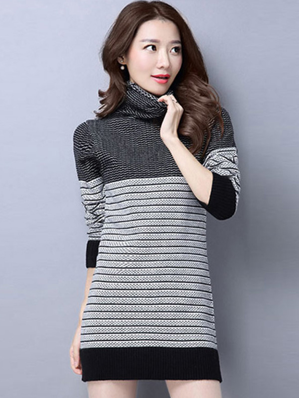 丝柏舍2017年秋新款套头中长款高领针织衫条纹显瘦毛衣S74Z0043M