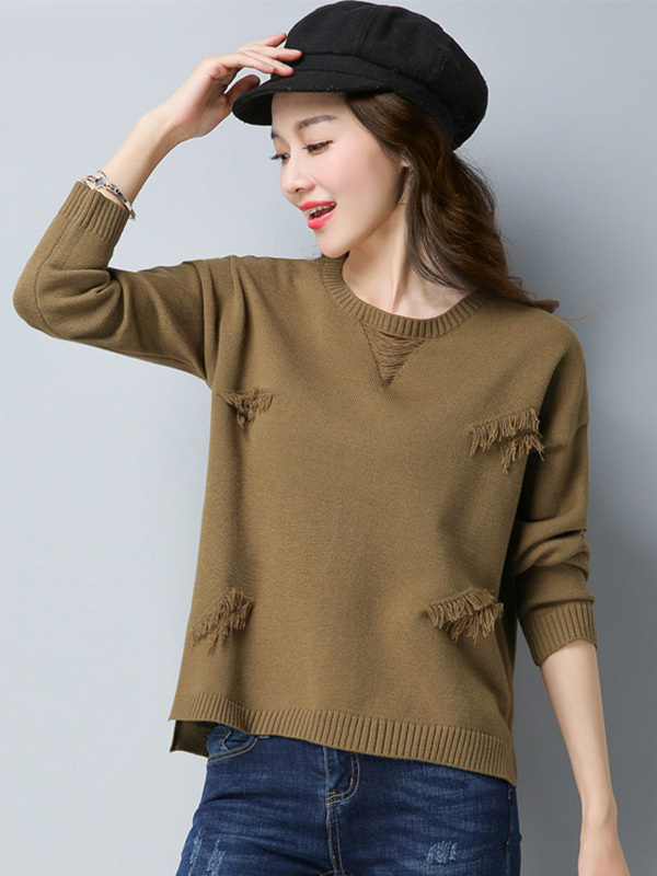 丝柏舍2017年秋装新款女装上衣休闲流苏装饰套头针织衫S74S0030M