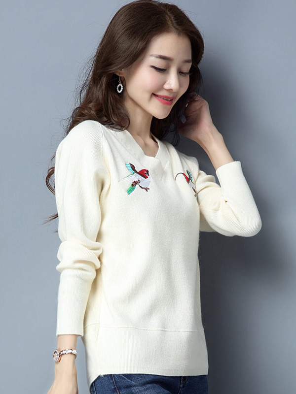 丝柏舍2017秋装新款V领百搭套头毛衣女刺绣针织衫宽松版S74Z0071M