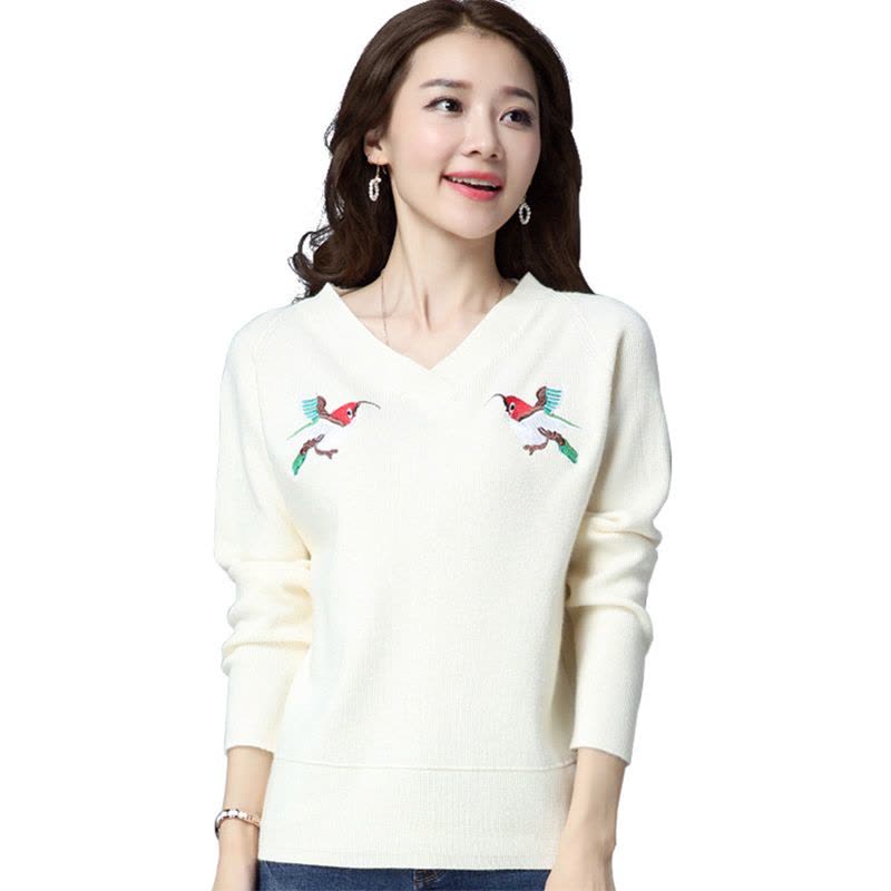 丝柏舍2017秋装新款V领百搭套头毛衣女刺绣针织衫宽松版S74Z0071M图片