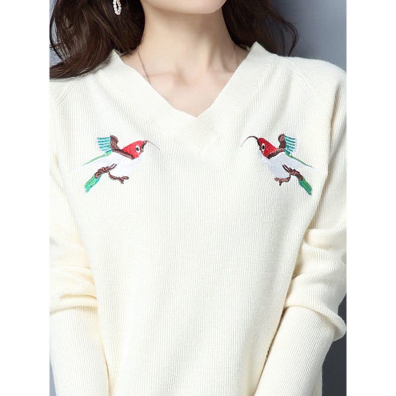 丝柏舍2017秋装新款V领百搭套头毛衣女刺绣针织衫宽松版S74Z0071M图片