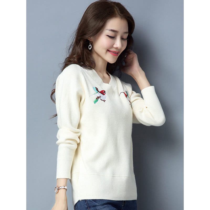 丝柏舍2017秋装新款V领百搭套头毛衣女刺绣针织衫宽松版S74Z0071M图片