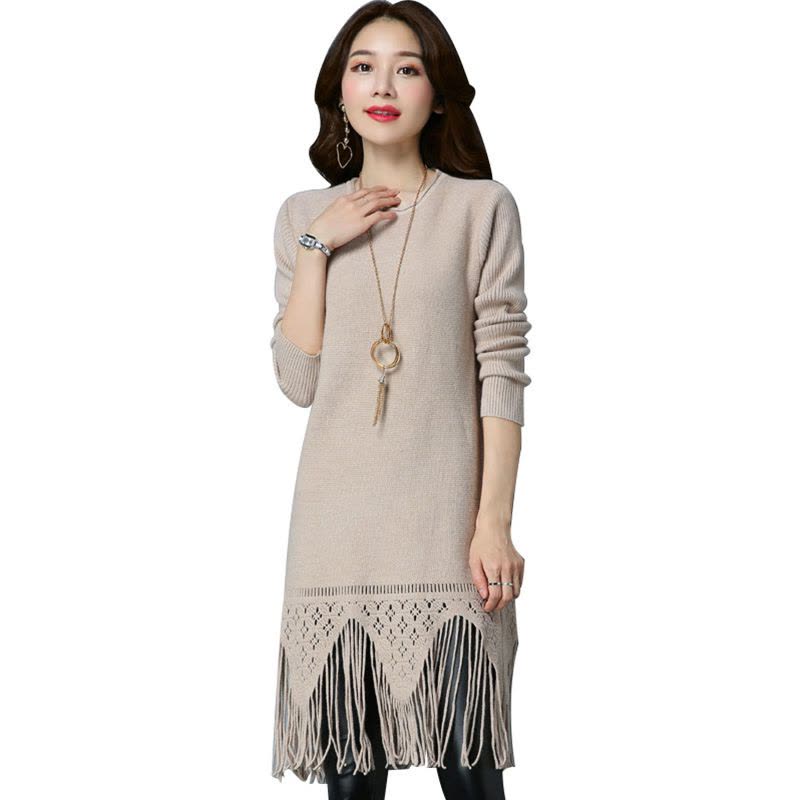 丝柏舍2017秋装新款女纯色圆领宽松百搭气质中长款连衣裙S74S0019L图片