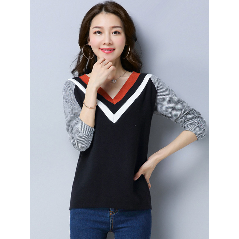 丝柏舍2017秋冬新款女拼色长袖V领修身常规款套头毛衣S74P0034M