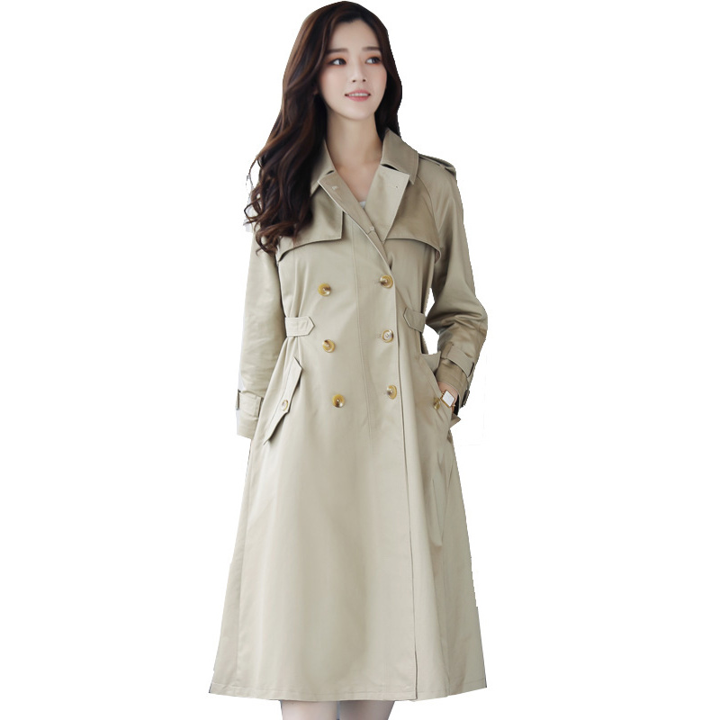 丝柏舍 2018年秋季新款女装韩版纯色长袖翻领收腰中长款风衣女s73r05