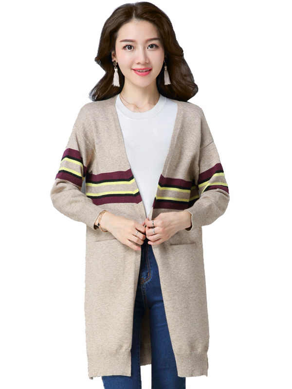 丝柏舍2017冬装新款中长款条纹撞色百搭宽松针织开衫女S73F0112Z