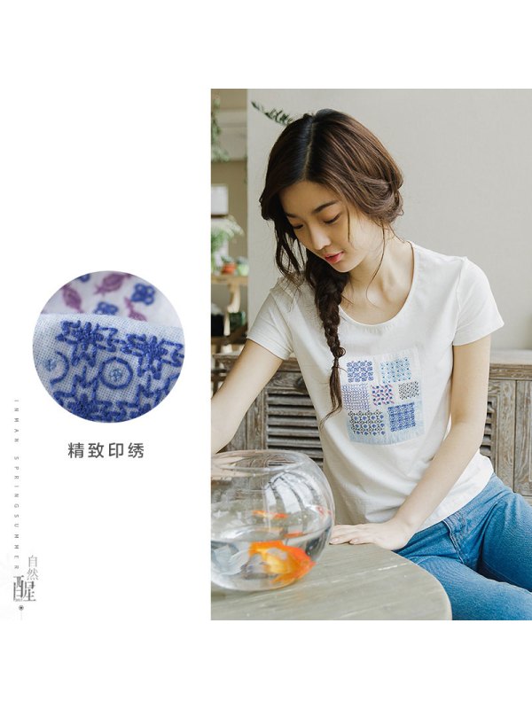 茵曼夏装文艺印花棉质圆领T恤女短袖宽松上衣1872022101