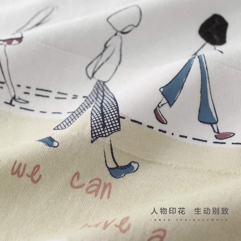 茵曼夏装纯棉文艺范趣味印花圆领蝙蝠袖T恤女1872022115