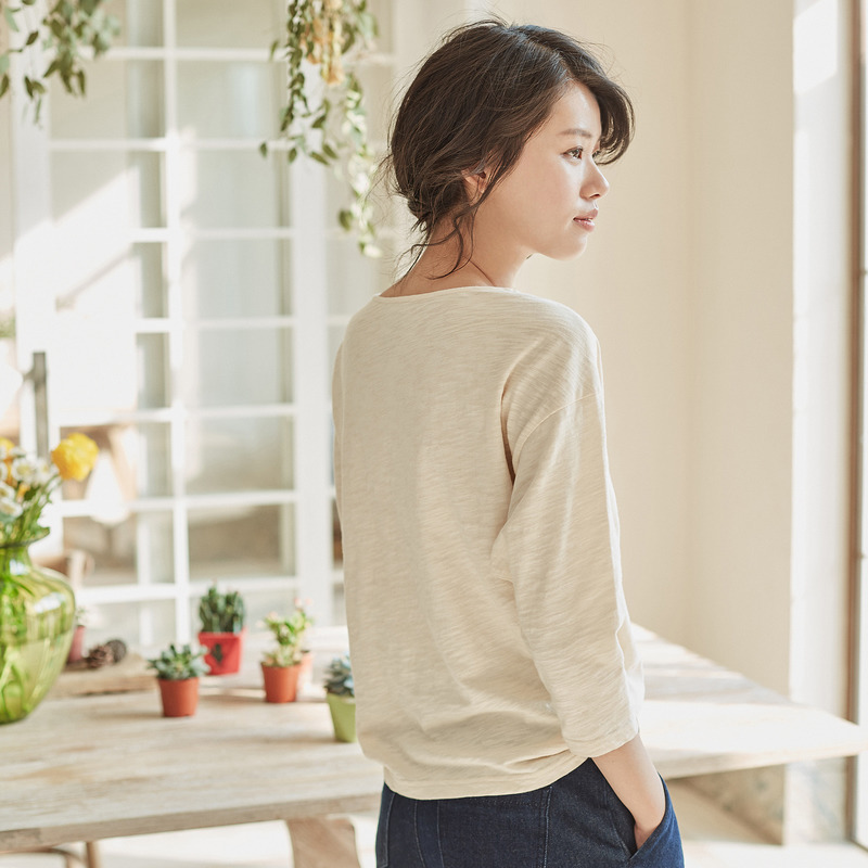 茵曼 2017春装新款文艺几何印花圆领七分袖T恤上衣女1871023319
