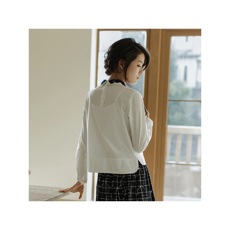 茵曼 秋装新款绣花翻领百搭长袖套头衬衫衬衣女1871011027