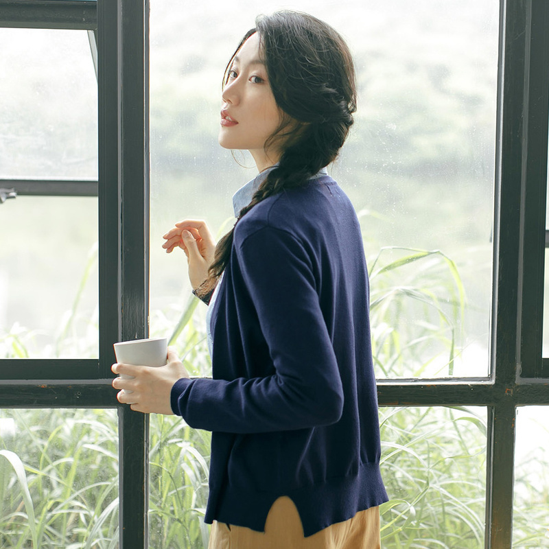 茵曼新款多色百搭小V领长袖开衫女针织衫外套1873131227