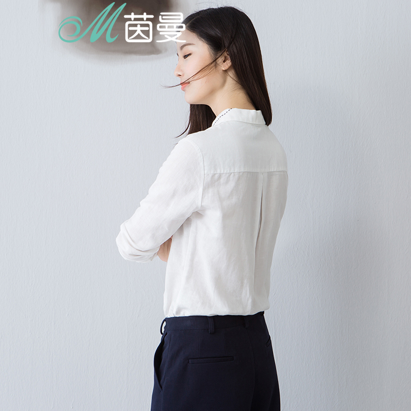 茵曼女春秋新款文艺范长袖棉麻衬衫女士白色亚麻衬衣打底上衣1863011037