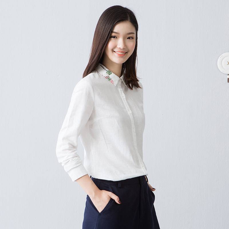 茵曼女春秋新款文艺范长袖棉麻衬衫女士白色亚麻衬衣打底上衣1863011037