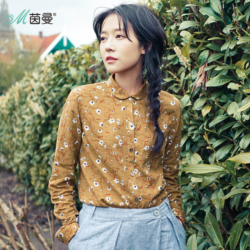 茵曼秋装新款文艺小碎花长袖衬衫女纯棉百搭衬衣1873011492