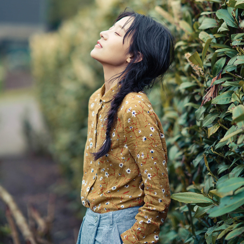 茵曼秋装新款文艺小碎花长袖衬衫女纯棉百搭衬衣1873011492