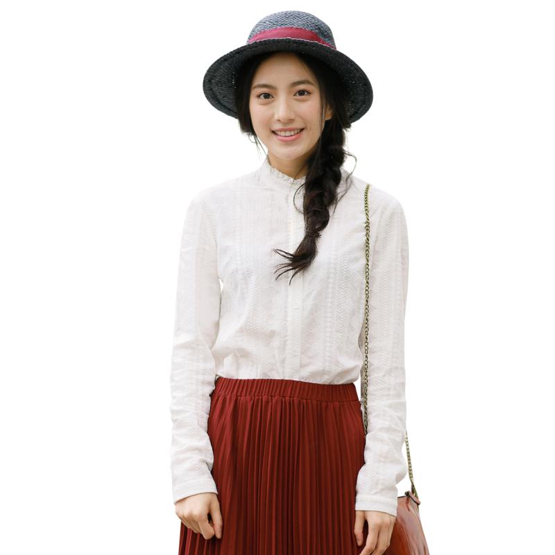 茵曼新纯棉绣花荷叶边立领文艺白衬衫女衬衣1873011021