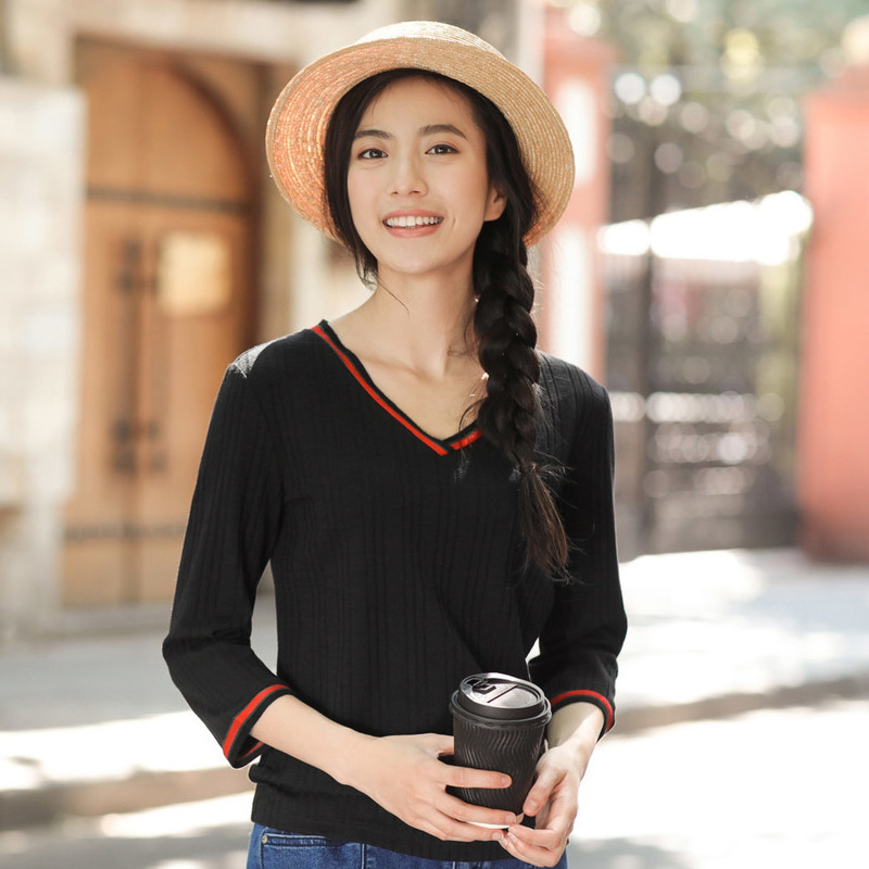 茵曼秋新款撞色V领七分袖T恤纯色百搭显瘦女上衣白色打底衫1873023168