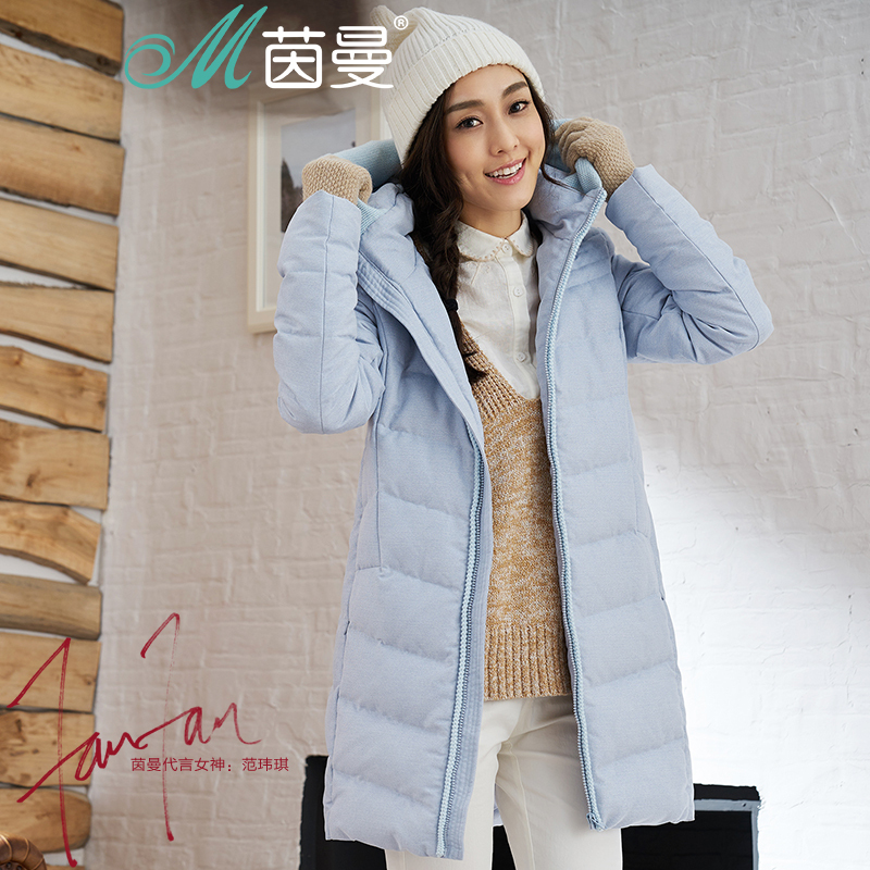 茵曼冬装 文艺范提花毛织连帽中长款及膝羽绒服女外套1863121118