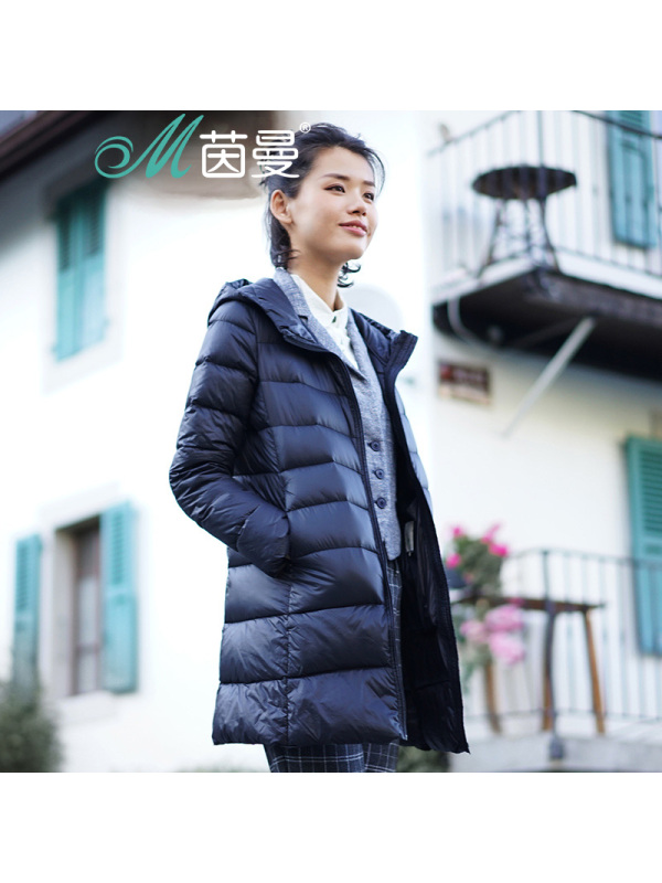 茵曼秋冬新款连帽轻薄保暖羽绒服女中长款百搭修身羽绒外套1863121412