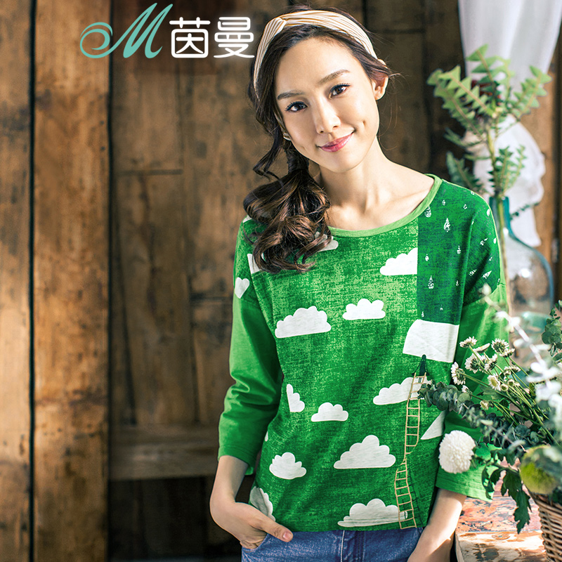 M茵曼女春秋新款九分袖纯棉多色印花T恤女上衣多色入1861023297