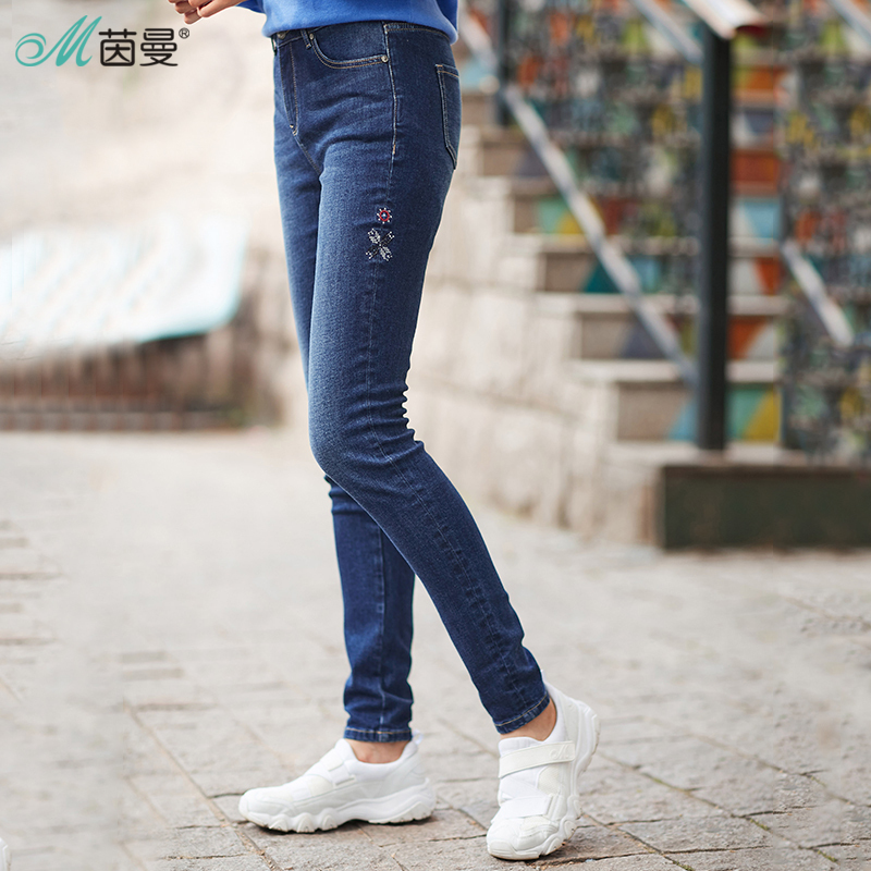 茵曼冬装新款绣花百搭修身显瘦牛仔裤女裤小脚裤G1874331408