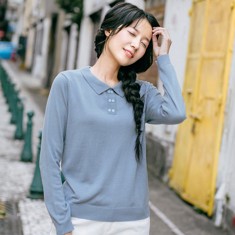 茵曼冬装新款薄款翻领休闲文艺范纯色针织衫女套头