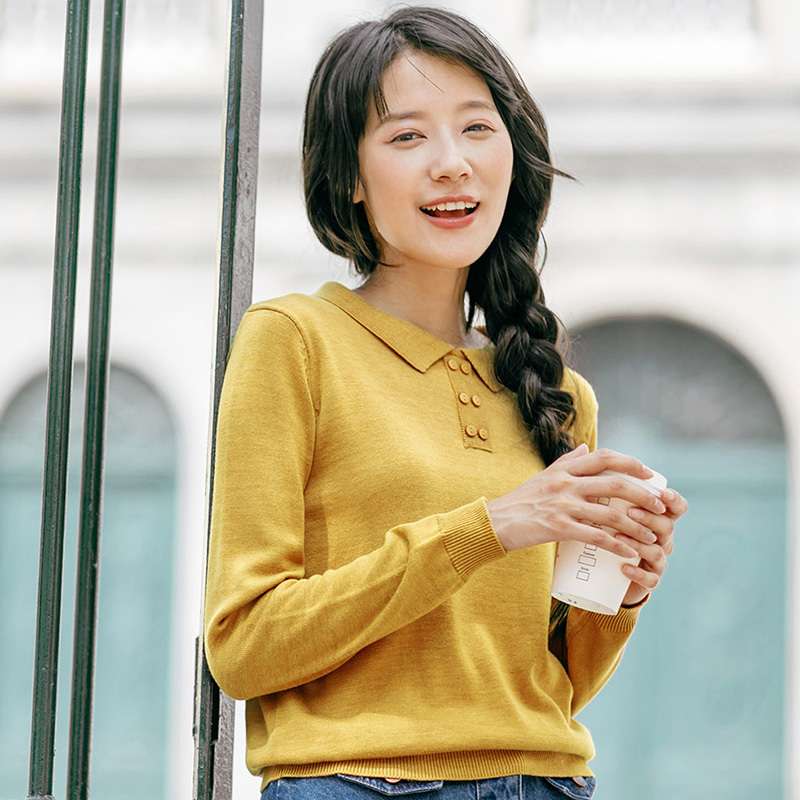 茵曼冬装新款薄款翻领休闲文艺范纯色针织衫女套头