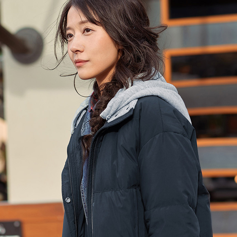 茵曼冬装新款撞布连帽休闲中长款羽绒服保暖外套女1874121039