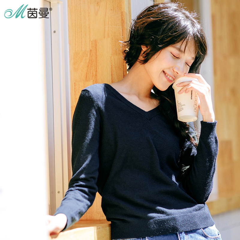 茵曼装新款罗纹V领纯色休闲打底针织毛织衫女1874132423