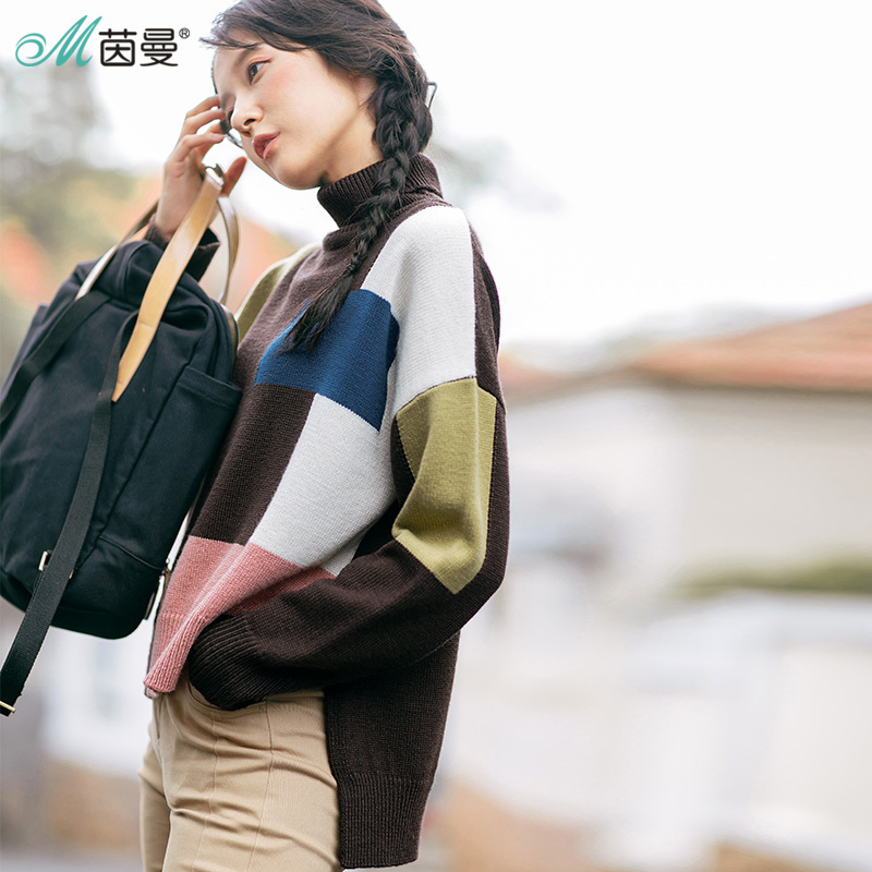 茵曼秋新款撞色高领套头毛衣女宽松前短后长针织衫1873132461