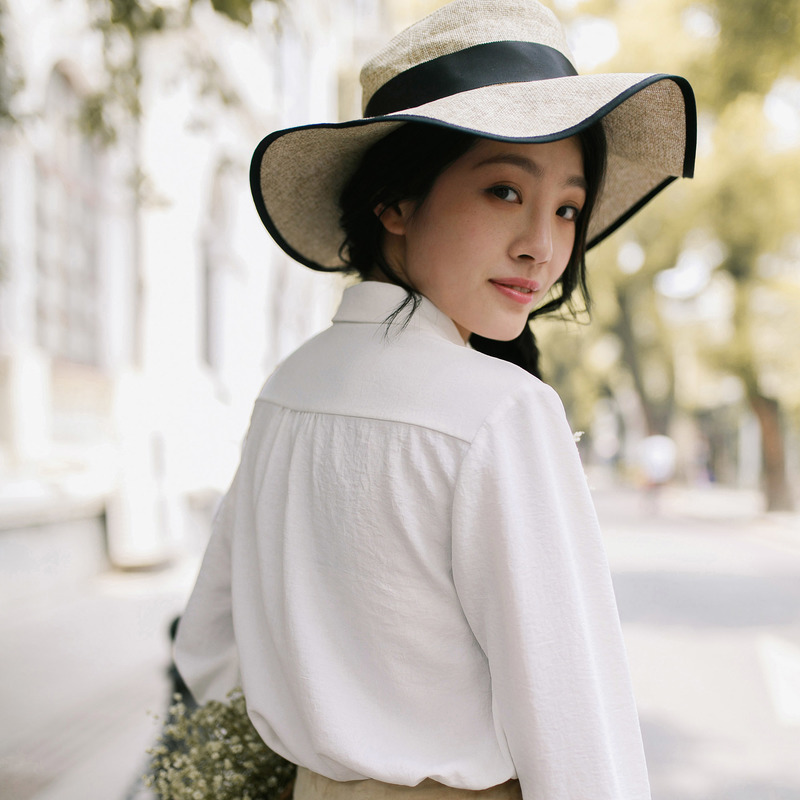 茵曼新款文艺范长袖翻领白衬衫女百搭通勤衬衣1873011030