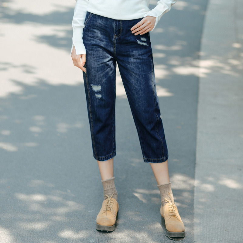 茵曼秋装新款破洞棉麻七分牛仔裤女百搭宽松休闲裤1872093015