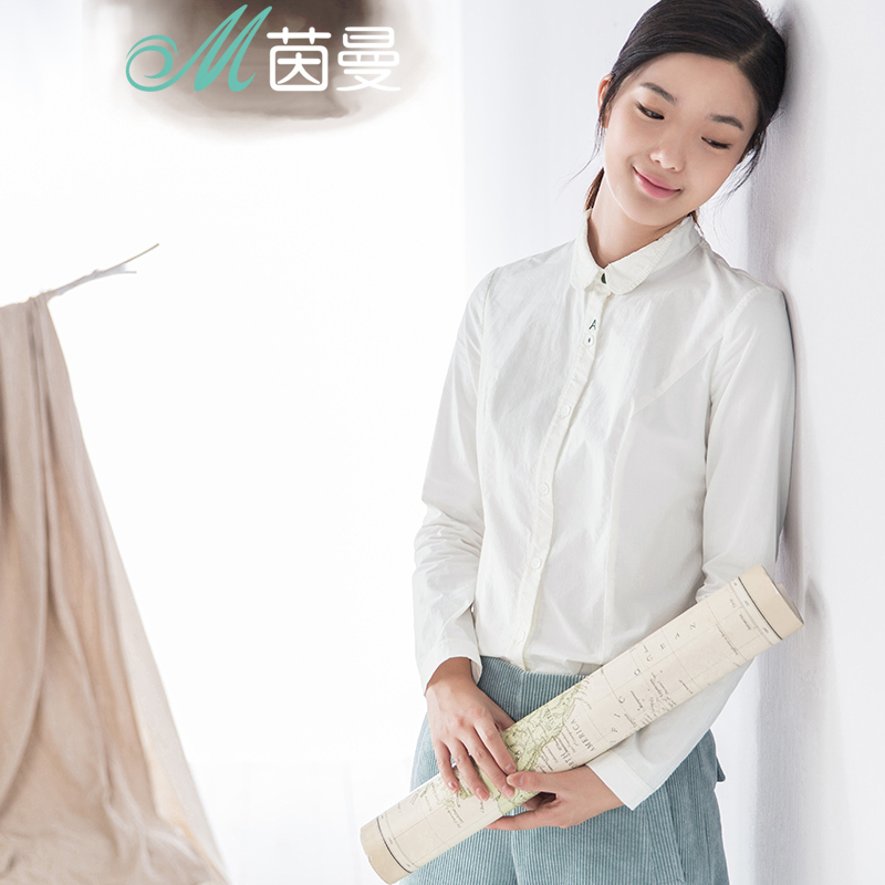 茵曼女装秋装新款原创文艺范纯棉女衬衫长袖修身白衬衣1863011285