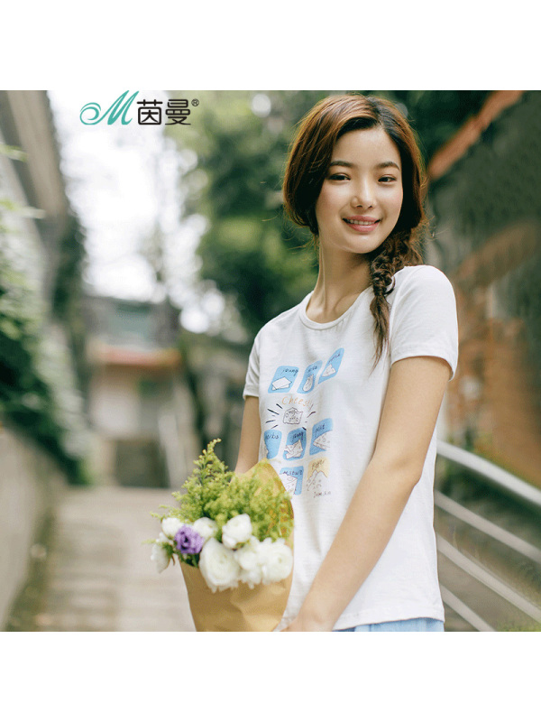 D茵曼夏装新款原创文艺印花圆领棉质短袖T恤女上衣1882022704