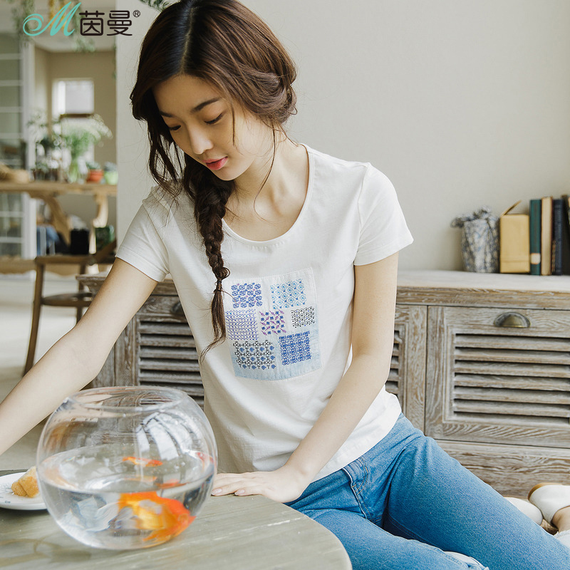 茵曼夏装新款文艺范印花棉质圆领t恤女短袖宽松修身显瘦上衣