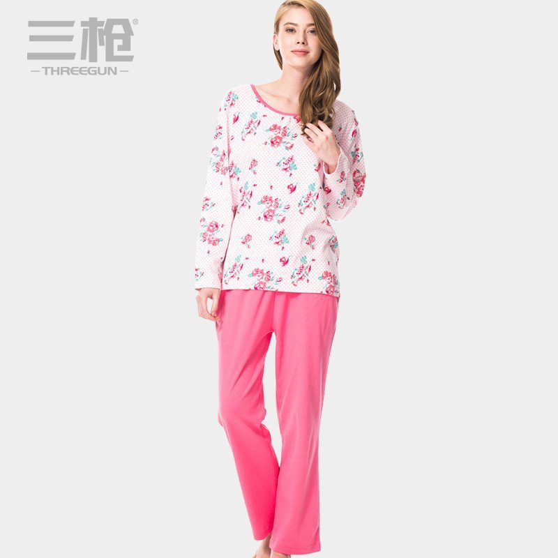 三枪 THREEGUN 家居服 秋冬新品舒肤圆领纯棉长袖长裤女家居套装 81038D0